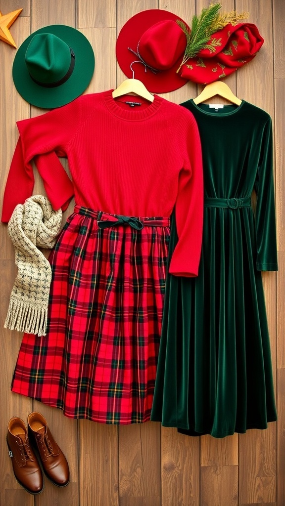 Traditional Christmas outfits including a red sweater dress, plaid skirt, and green velvet dress on a rustic backdrop.